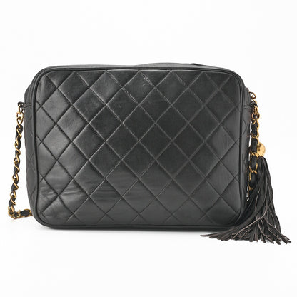 CHANEL Shoulder Bag Matelasse Outside Flap Fringe Chain Shoulder Lambskin Black Gold-Tone Hardware Pre-Owned - Vintage La Charme