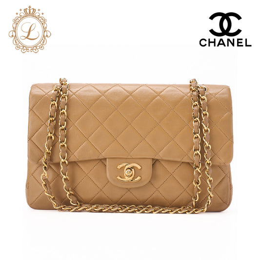 Chanel Shoulder Bag Matelasse Double Flap Lambskin Beige Gold-Tone Hardware Pre-Owned - Vintage La Charme