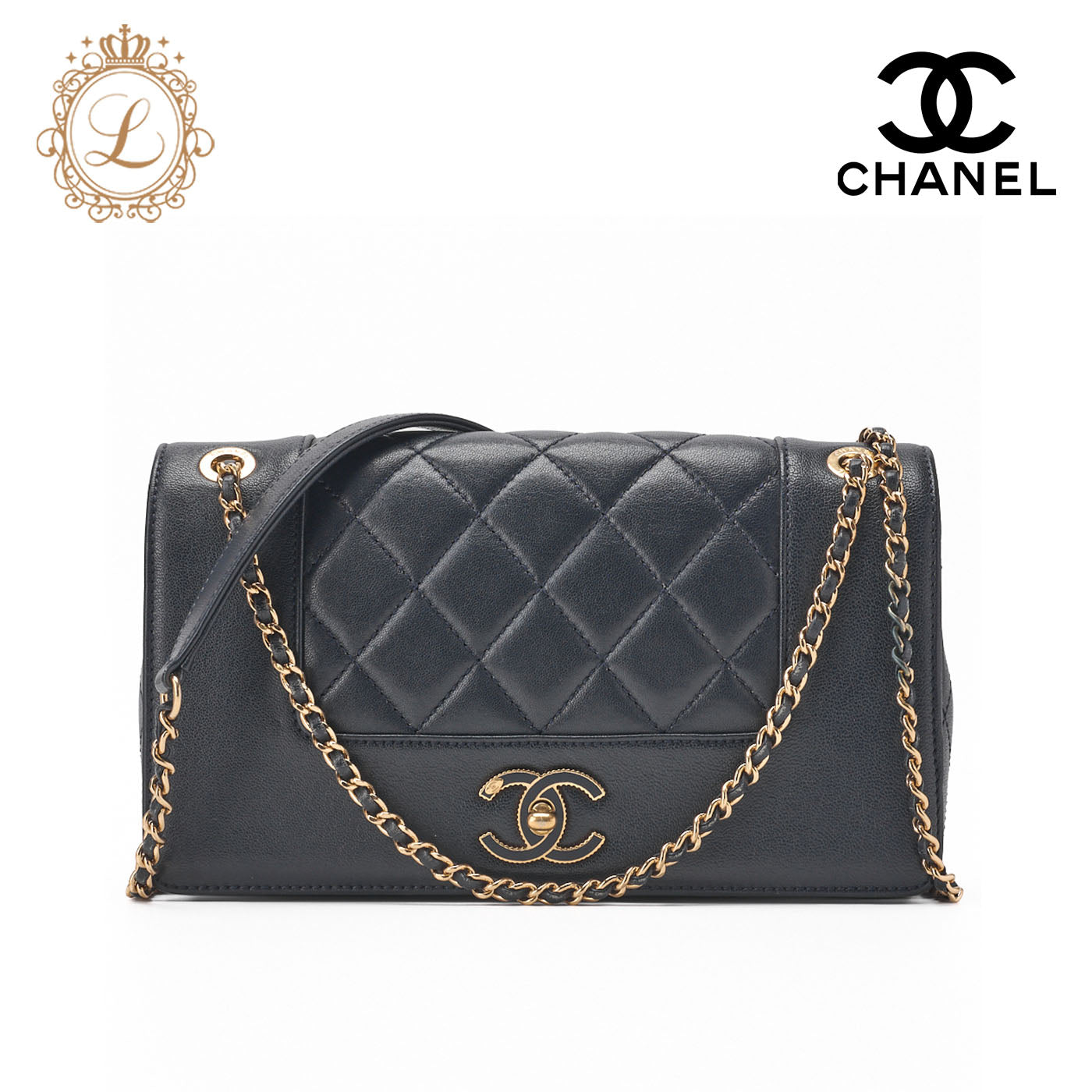 CHANEL Shoulder Bag Matelasse Calfskin Navy Gold-Tone Hardware Pre-Owned - Vintage La Charme