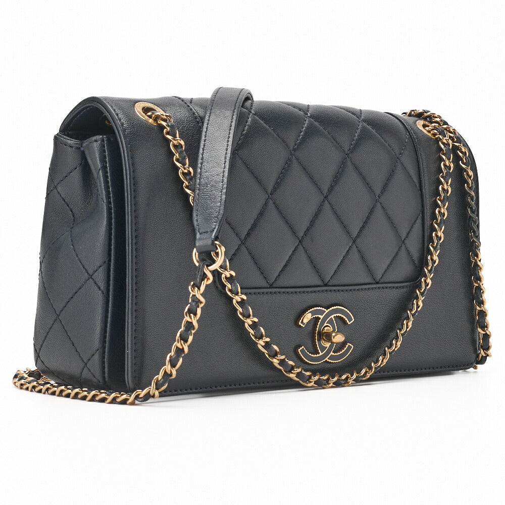 CHANEL Shoulder Bag Matelasse Calfskin Navy Gold-Tone Hardware Pre-Owned - Vintage La Charme