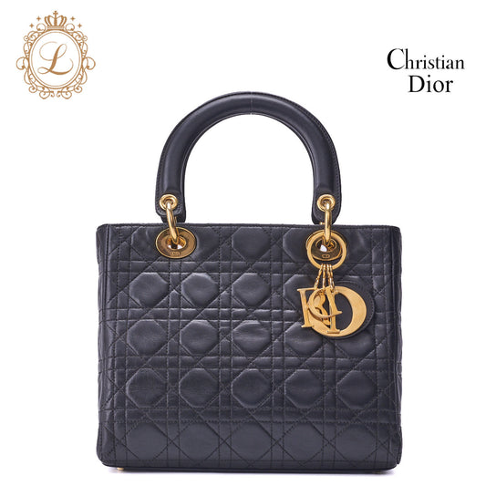 Dior Lady Dior Cannage Handbag Lambskin Black Gold-Tone Hardware Pre-Owned - Vintage La Charme
