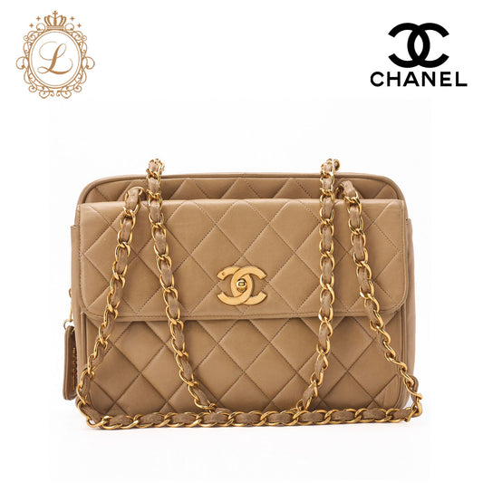 CHANEL Shoulder Bag, Matelasse Turn Lock, Lambskin, Beige, Gold-Tone Hardware, Pre-Owned - Vintage La Charme