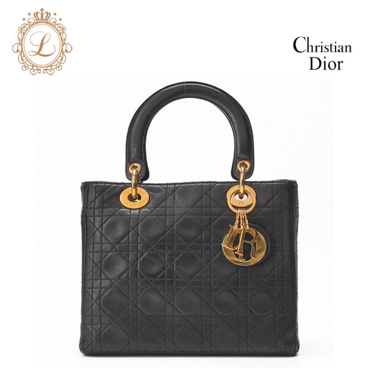 Dior Lady Dior Handbag Cannage Lambskin Black Gold-Tone Hardware Pre-Owned - Vintage La Charme