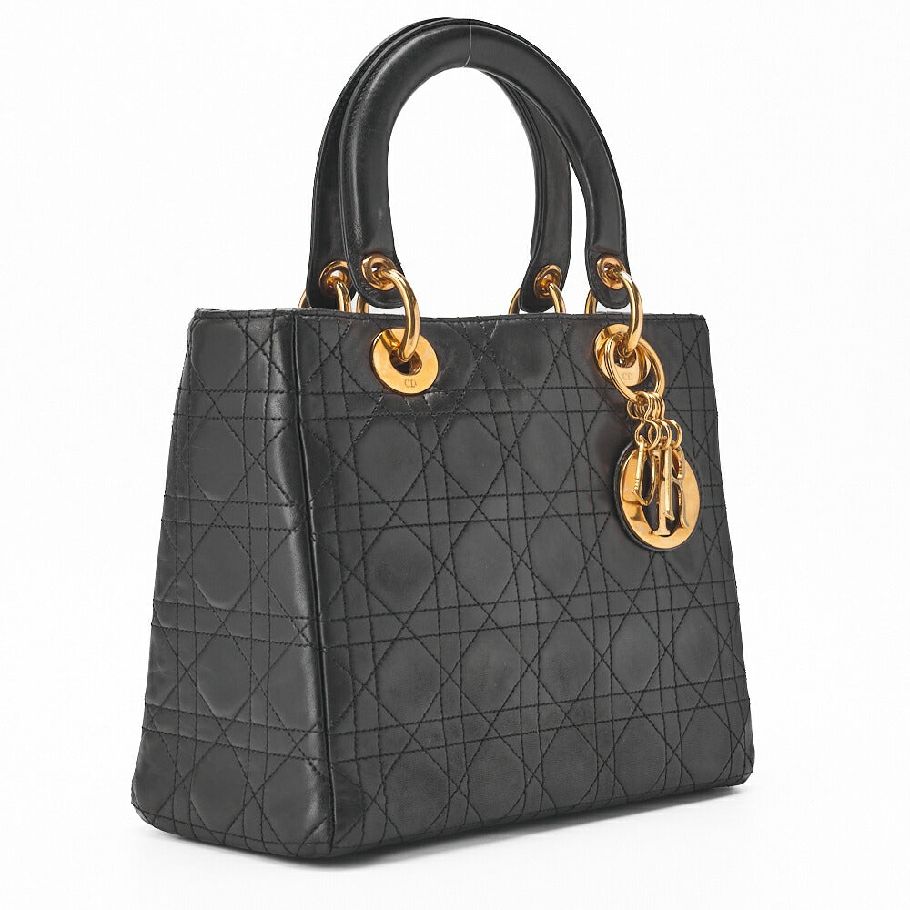 Dior Lady Dior Handbag Cannage Lambskin Black Gold-Tone Hardware Pre-Owned - Vintage La Charme