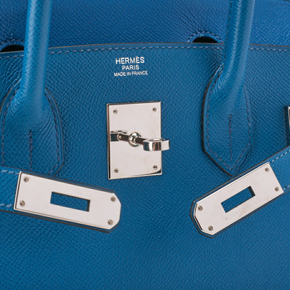 HERMES Birkin 30 Handbag Epson Blue Paon Silver-Tone Hardware Pre-Owned - Vintage La Charme