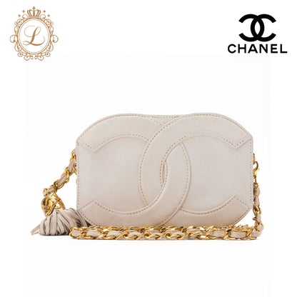 CHANEL Shoulder Bag, Coco Mark Fringe, Lambskin, White, Gold-Tone Hardware, Pre-Owned - Vintage La Charme