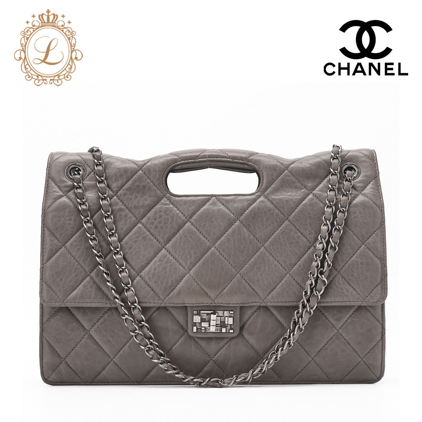 CHANEL Shoulder Bag Matelasse Turn Lock 2.55 Lambskin Gray Silver-Tone Hardware Pre-Owned - Vintage La Charme
