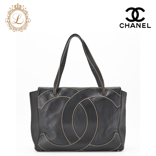 CHANEL Tote Bag Wild Stitch Coco Mark Calfskin Black Gold-Tone Hardware Pre-Owned - Vintage La Charme