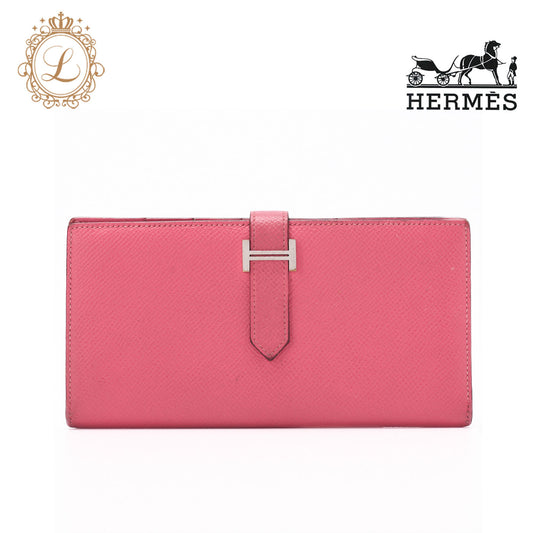 Hermes Bearn Soufflet Two-Fold Long Wallet Epson Rose Azalee Silver-Tone Hardware Pre-Owned - Vintage La Charme