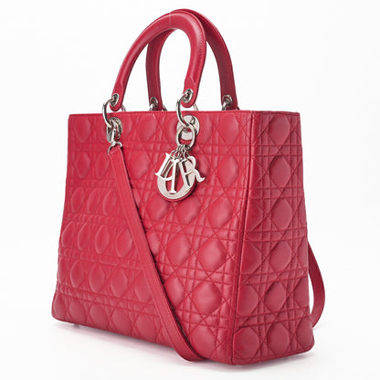 Dior Lady Dior Cannage 2WAY Handbag Lambskin Red Silver-Tone Hardware Pre-Owned - Vintage La Charme