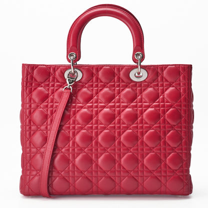 Dior Lady Dior Cannage 2WAY Handbag Lambskin Red Silver-Tone Hardware Pre-Owned - Vintage La Charme