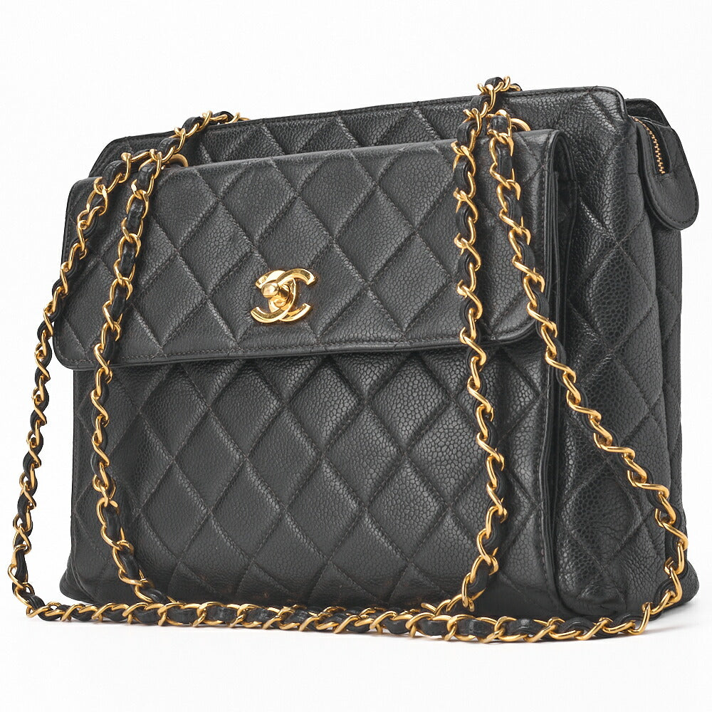 CHANEL Shoulder Bag Matelasse Caviar Skin Black Gold-Tone Hardware Pre-Owned - Vintage La Charme