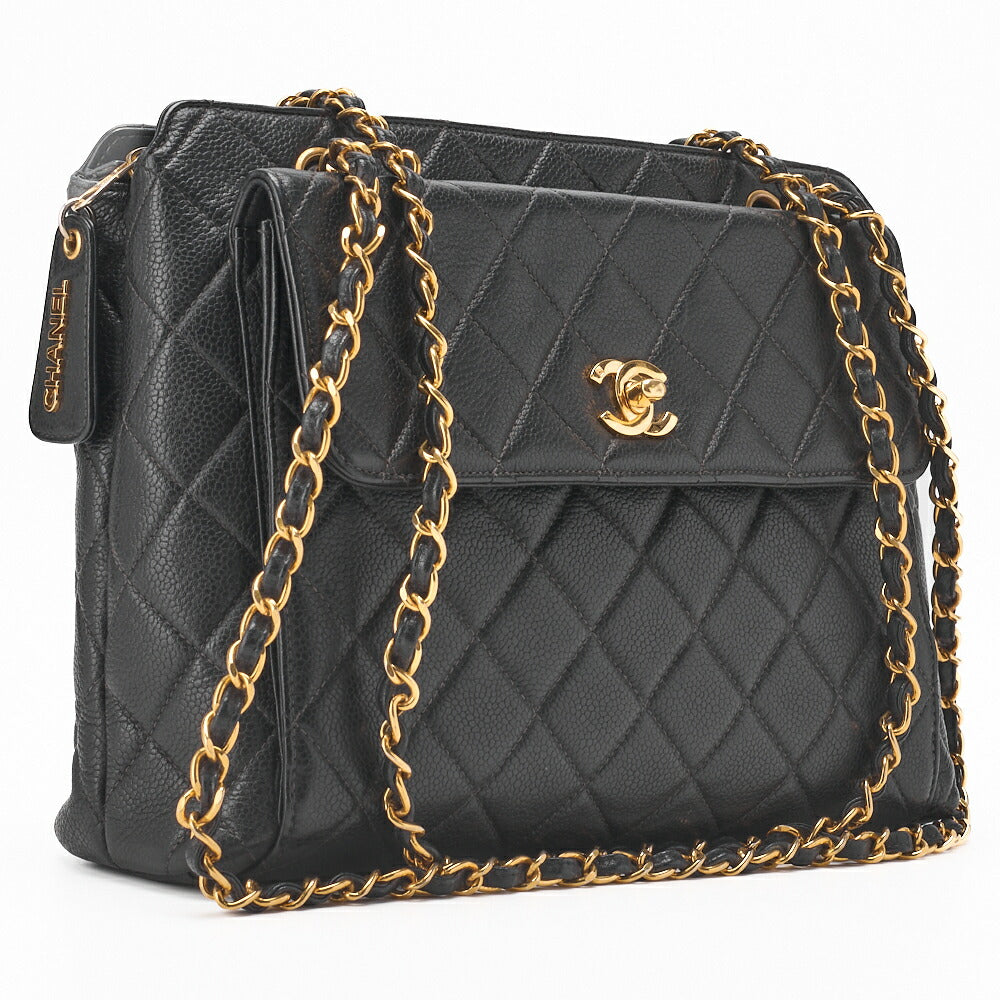 CHANEL Shoulder Bag Matelasse Caviar Skin Black Gold-Tone Hardware Pre-Owned - Vintage La Charme