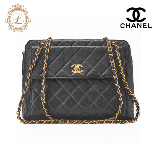 CHANEL Shoulder Bag Matelasse Caviar Skin Black Gold-Tone Hardware Pre-Owned - Vintage La Charme