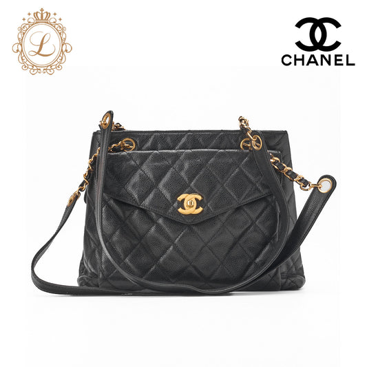 CHANEL Shoulder Bag, Matelasse, Caviar Skin, Black, Gold-Tone Hardware, Pre-Owned - Vintage La Charme