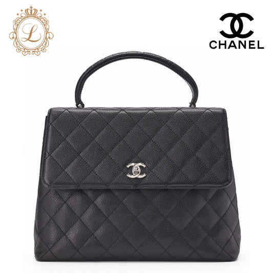 CHANEL Handbag, Matelasse, Turn Lock, Caviar Skin, Black, Silver-Tone Hardware, Pre-Owned - Vintage La Charme