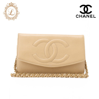 Chanel Shoulder Bag Chain Wallet Caviar Skin Beige Gold-Tone Hardware Pre-Owned - Vintage La Charme