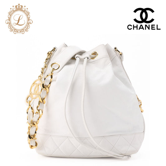 CHANEL Shoulder Bag Coco Drawstring Type Lambskin White Gold-Tone Hardware Pre-Owned - Vintage La Charme