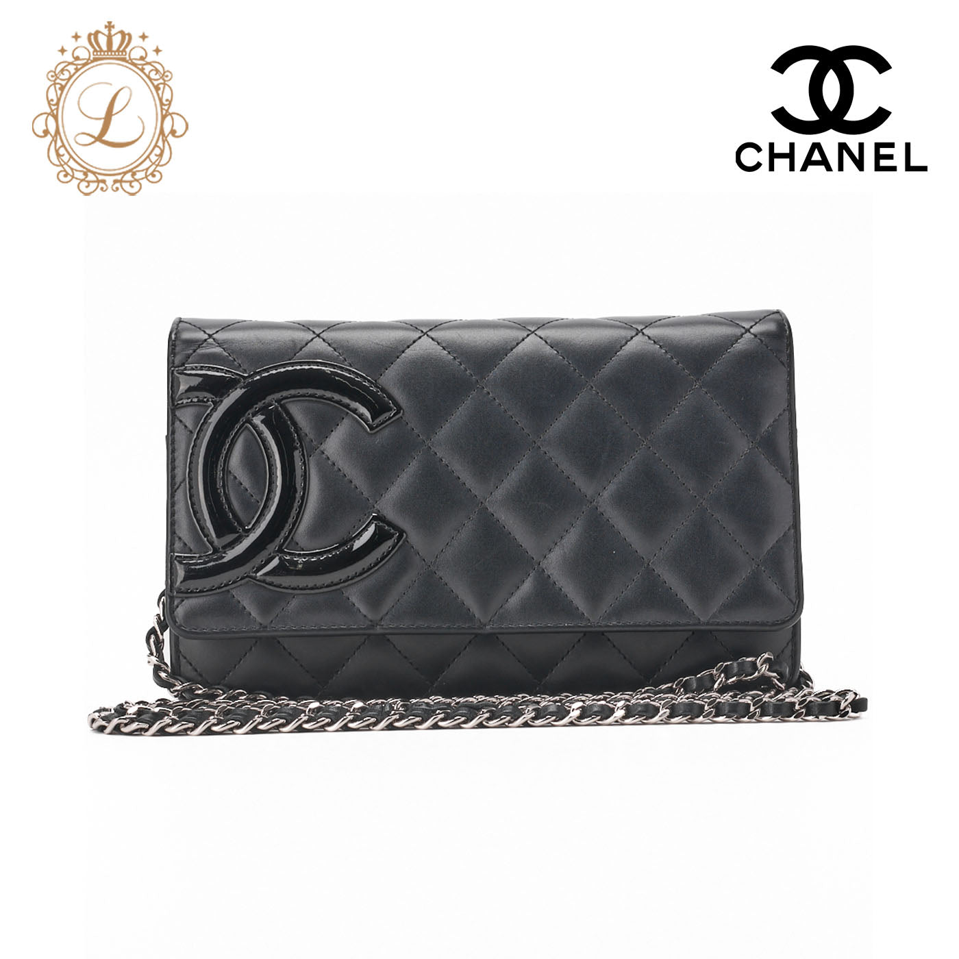CHANEL Chain Wallet, Cambon Line, Folding, Calfskin, Black, Silver-Tone Hardware, Pre-Owned - Vintage La Charme