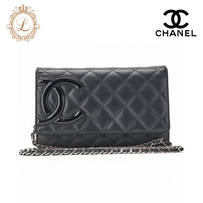 CHANEL Chain Wallet, Cambon Line, Folding, Calfskin, Black, Silver-Tone Hardware, Pre-Owned - Vintage La Charme