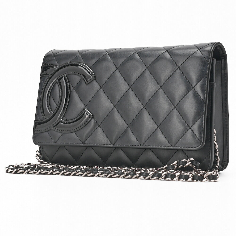CHANEL Chain Wallet, Cambon Line, Folding, Calfskin, Black, Silver-Tone Hardware, Pre-Owned - Vintage La Charme