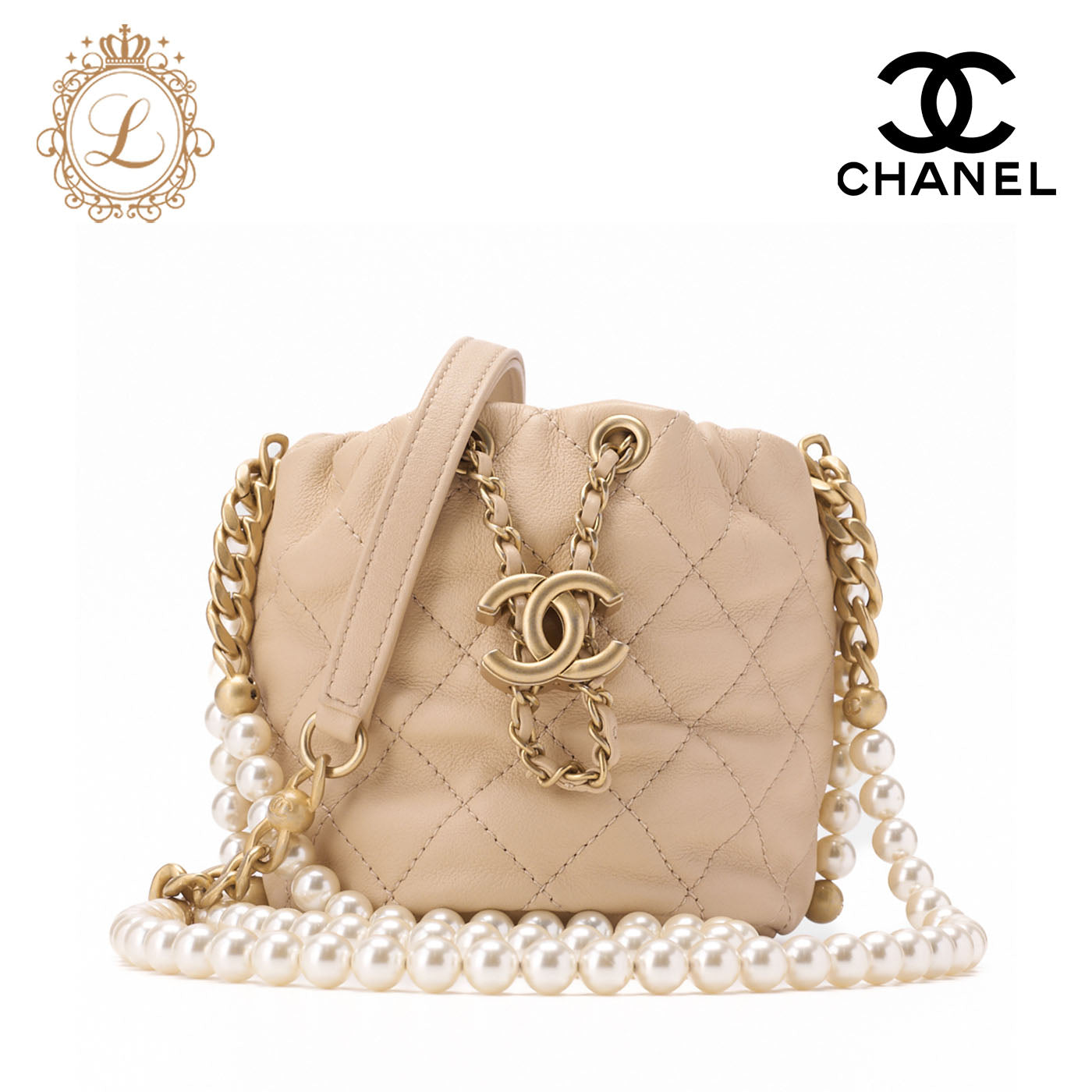 CHANEL Shoulder Bag, Matelasse Pearl Drawstring Type, Lambskin, Beige, Gold-Tone Hardware, Pre-Owned - Vintage La Charme