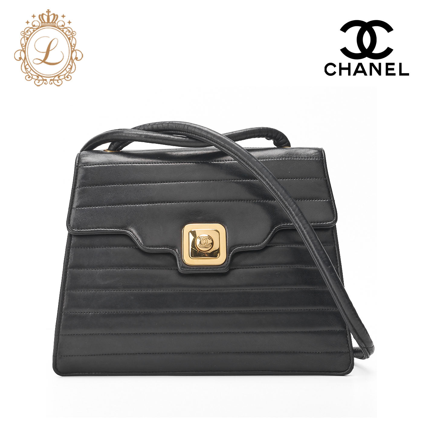 CHANEL Shoulder Bag Border Stitch Mademoiselle Push Lock Lambskin Black Gold-Tone Hardware Pre-Owned - Vintage La Charme