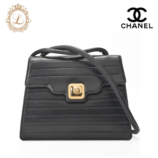 CHANEL Shoulder Bag Border Stitch Mademoiselle Push Lock Lambskin Black Gold-Tone Hardware Pre-Owned - Vintage La Charme