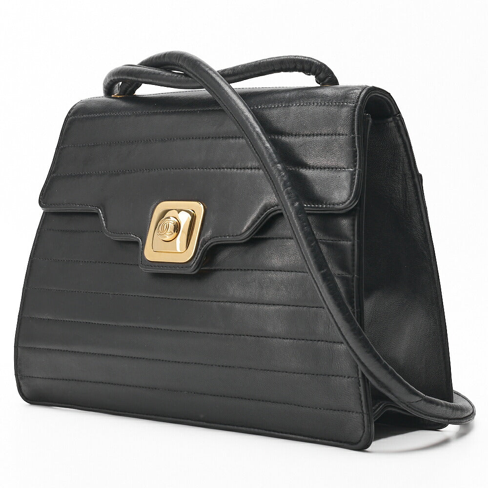 CHANEL Shoulder Bag Border Stitch Mademoiselle Push Lock Lambskin Black Gold-Tone Hardware Pre-Owned - Vintage La Charme