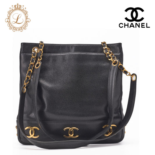 CHANEL Shoulder Tote Bag Triple Coco Double Chain Shoulder Caviar Skin Black Gold-Tone Hardware Pre-Owned - Vintage La Charme