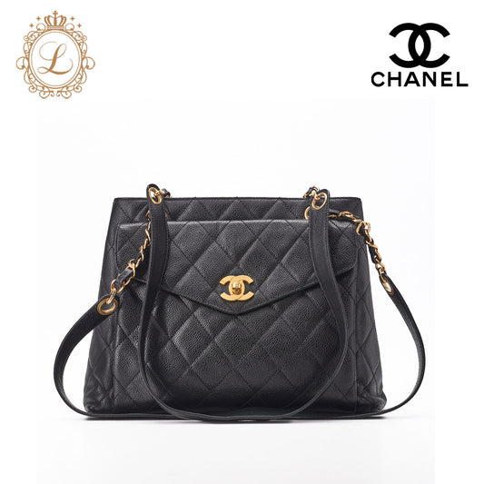 CHANEL Shoulder Bag, Matelasse Outside Flap, Caviar Skin, Black, Gold-Tone Hardware, Pre-Owned - Vintage La Charme