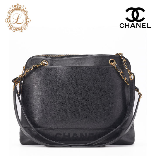 CHANEL Shoulder Tote Bag Double Chain Shoulder Caviar Skin Black Gold-Tone Hardware Pre-Owned - Vintage La Charme