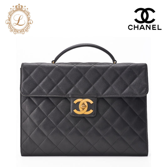 CHANEL Handbag, Matelasse, Turn Lock, Caviar Skin, Black, Gold-Tone Hardware, Pre-Owned - Vintage La Charme