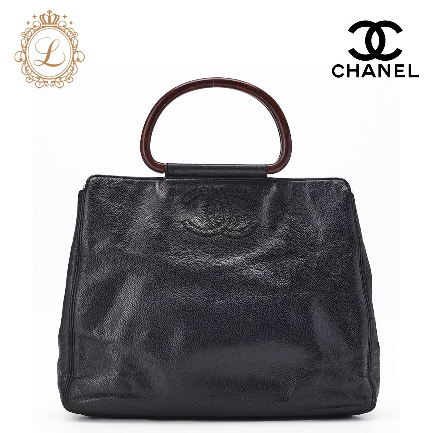 CHANEL Handbag Matelasse Coco Mark Wood Pattern Caviar Leather Black Gold-Tone Hardware Pre-Owned - Vintage La Charme