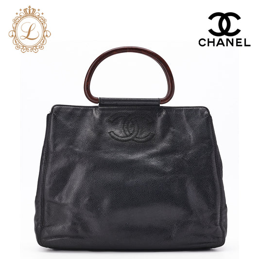CHANEL Handbag Matelasse Coco Mark Wood Pattern Caviar Leather Black Gold-Tone Hardware Pre-Owned - Vintage La Charme
