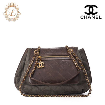 CHANEL Shoulder Bag Vintage Calf Denim Coco Charm Drawstring Brown Gold-Tone Hardware Pre-Owned - Vintage La Charme
