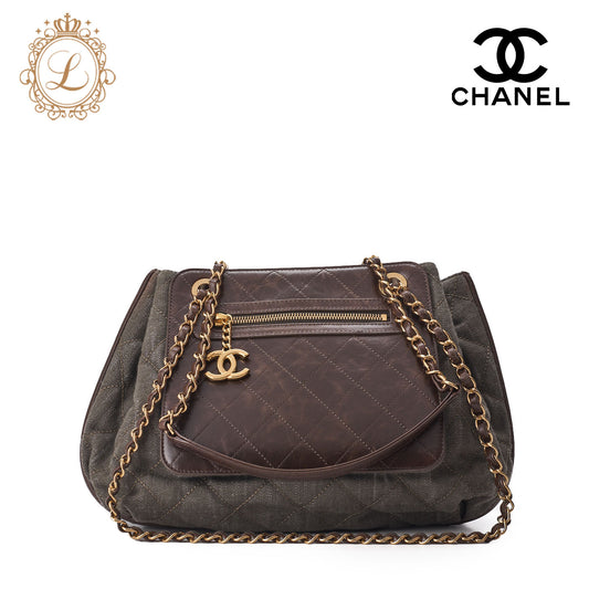 CHANEL Shoulder Bag Vintage Calf Denim Coco Charm Drawstring Brown Gold-Tone Hardware Pre-Owned - Vintage La Charme