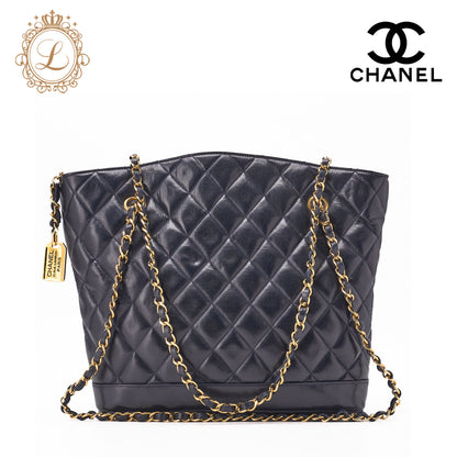 CHANEL Shoulder Tote Bag Matelasse Plate Charm Fan Shape Chain Shoulder Lambskin Navy Gold-Tone Hardware Pre-Owned - Vintage La Charme
