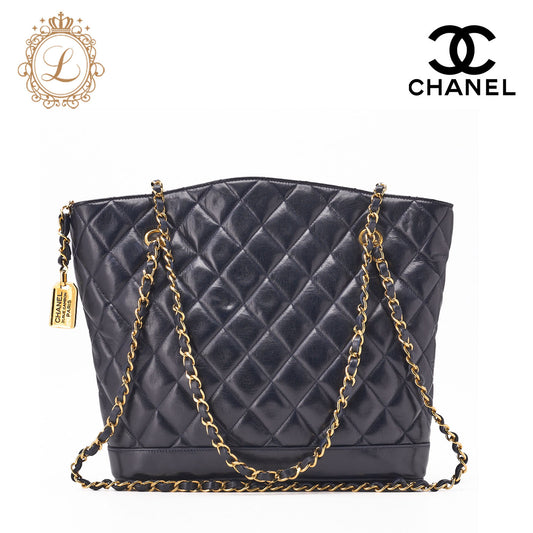 CHANEL Shoulder Tote Bag Matelasse Plate Charm Fan Shape Chain Shoulder Lambskin Navy Gold-Tone Hardware Pre-Owned - Vintage La Charme