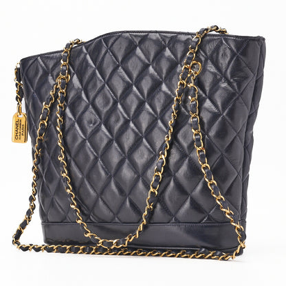 CHANEL Shoulder Tote Bag Matelasse Plate Charm Fan Shape Chain Shoulder Lambskin Navy Gold-Tone Hardware Pre-Owned - Vintage La Charme