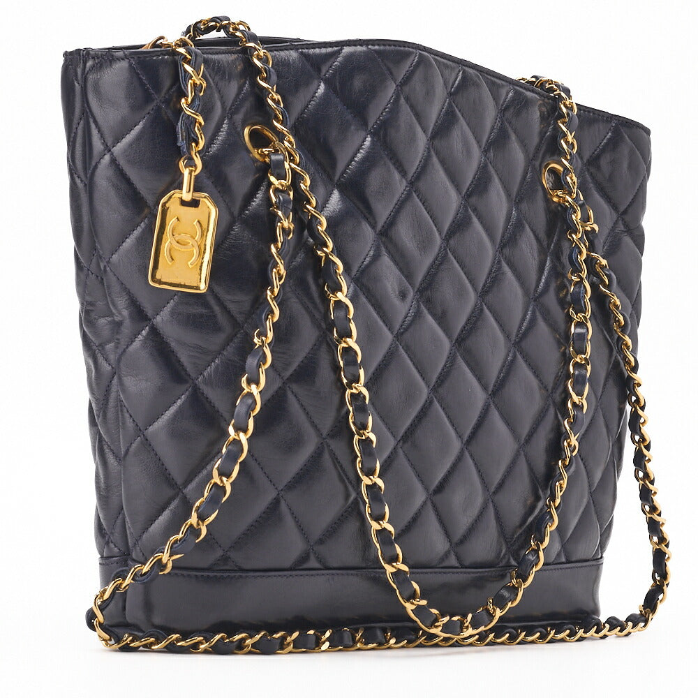 CHANEL Shoulder Tote Bag Matelasse Plate Charm Fan Shape Chain Shoulder Lambskin Navy Gold-Tone Hardware Pre-Owned - Vintage La Charme