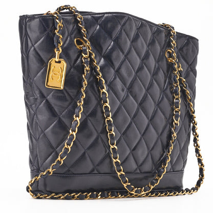 CHANEL Shoulder Tote Bag Matelasse Plate Charm Fan Shape Chain Shoulder Lambskin Navy Gold-Tone Hardware Pre-Owned - Vintage La Charme