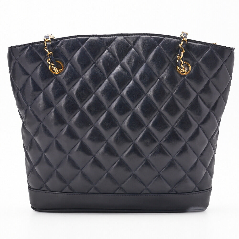 CHANEL Shoulder Tote Bag Matelasse Plate Charm Fan Shape Chain Shoulder Lambskin Navy Gold-Tone Hardware Pre-Owned - Vintage La Charme