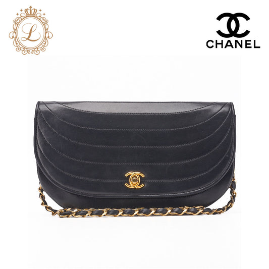 CHANEL Shoulder Bag Border Stitch Half Moon Lambskin Black Gold-Tone Hardware Pre-Owned - Vintage La Charme