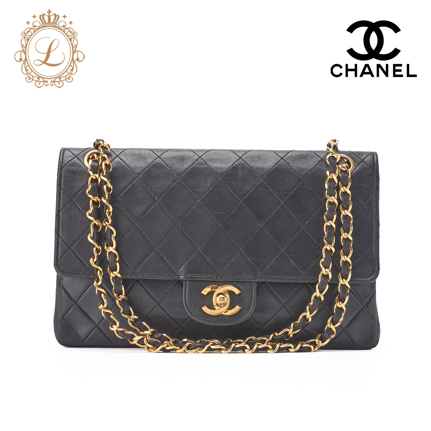 CHANEL Shoulder Bag, Matelasse Turn Lock Double Straight Flap, Lambskin, Black, Gold-Tone Hardware, Pre-Owned - Vintage La Charme