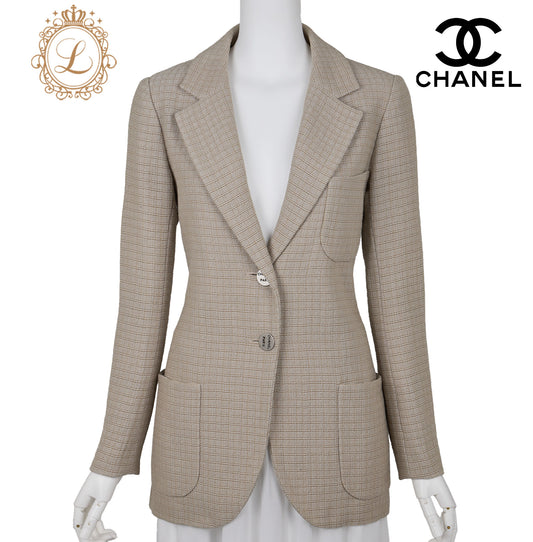 CHANEL Jacket, Long Sleeve, Cut-and-Sew, Cotton Blend, Beige, Gold-Tone Hardware, Pre-Owned - Vintage La Charme