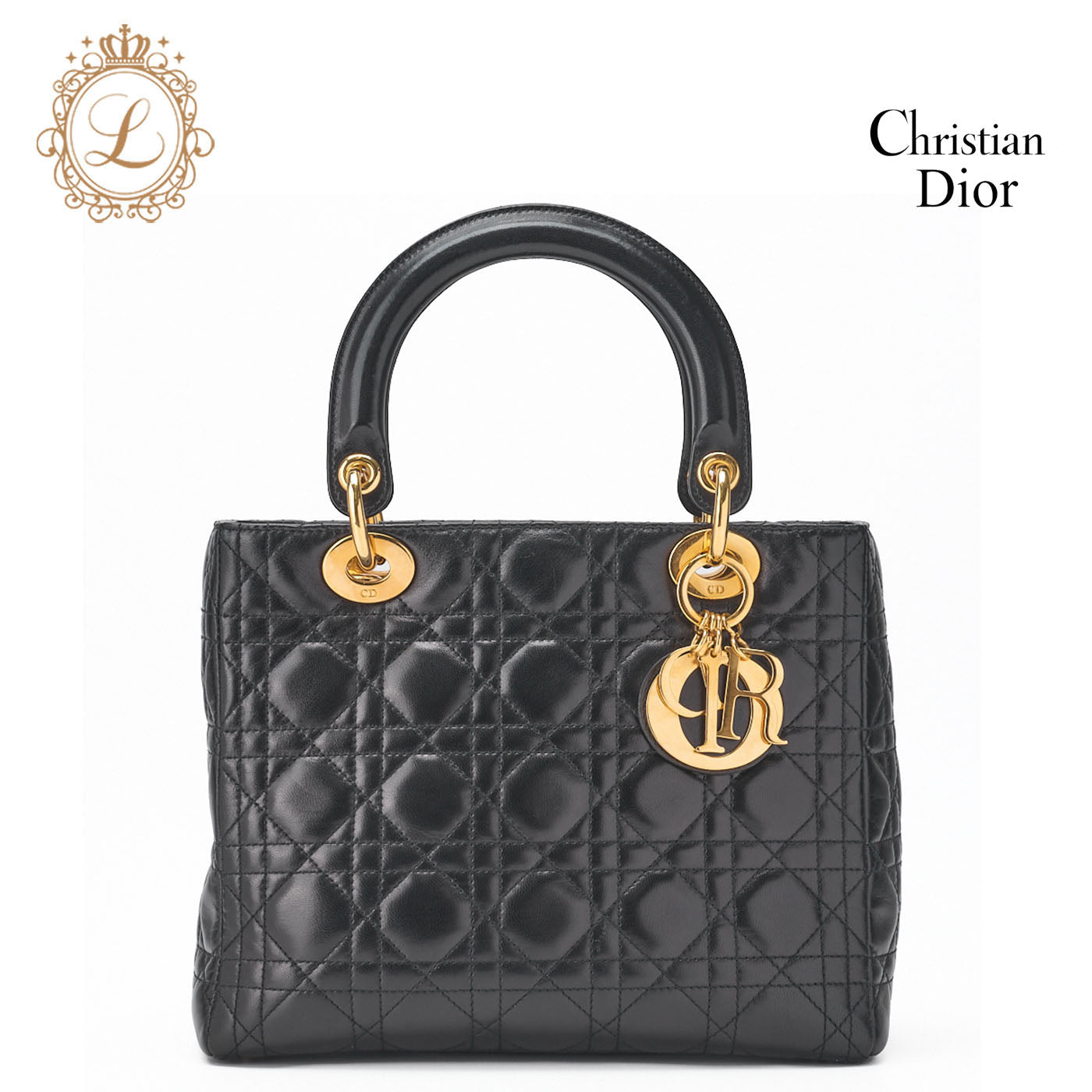 Dior Lady Dior Handbag Cannage Lambskin Black Gold-Tone Hardware Pre-Owned - Vintage La Charme