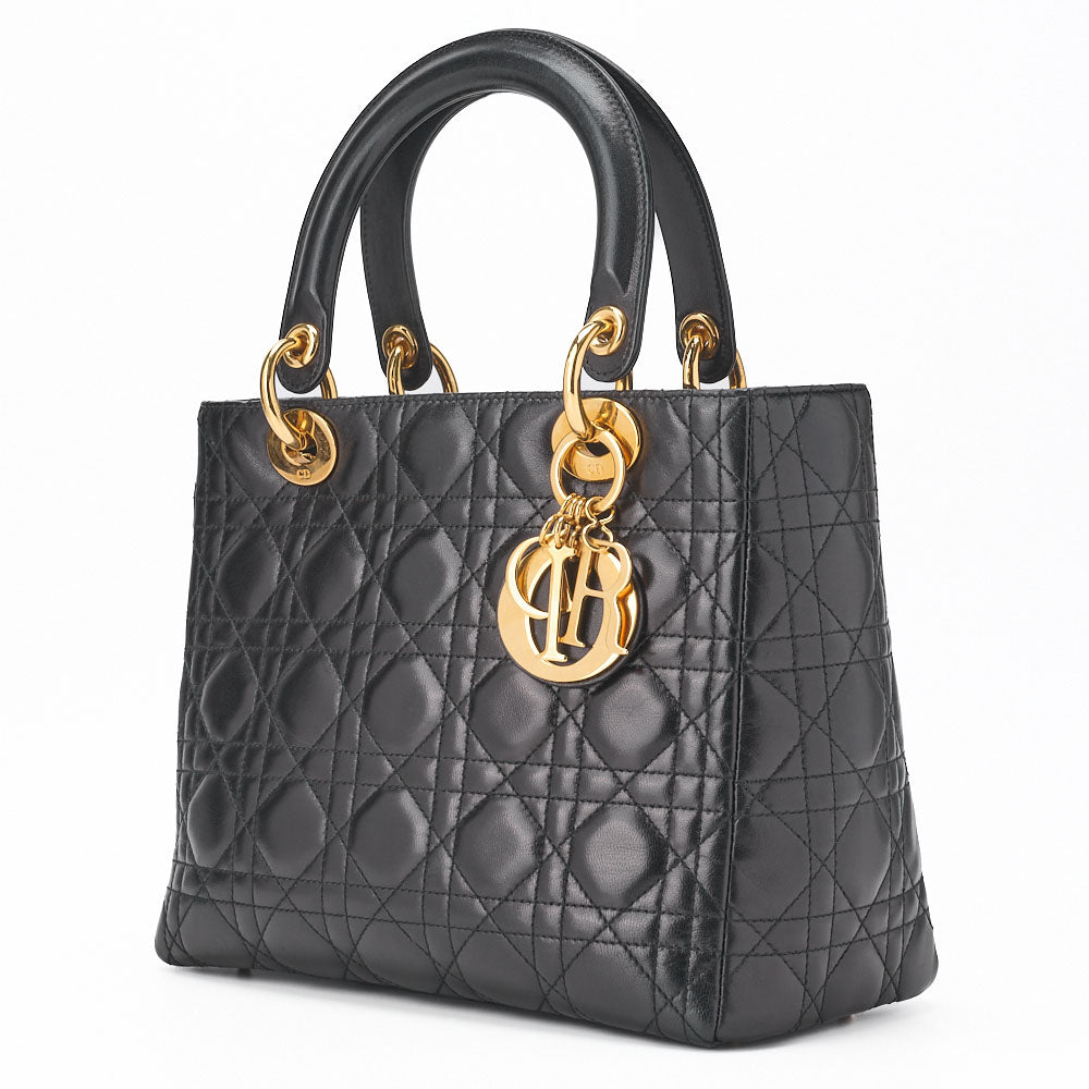 Dior Lady Dior Handbag Cannage Lambskin Black Gold-Tone Hardware Pre-Owned - Vintage La Charme