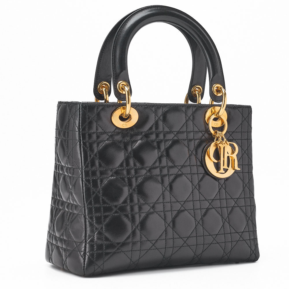 Dior Lady Dior Handbag Cannage Lambskin Black Gold-Tone Hardware Pre-Owned - Vintage La Charme