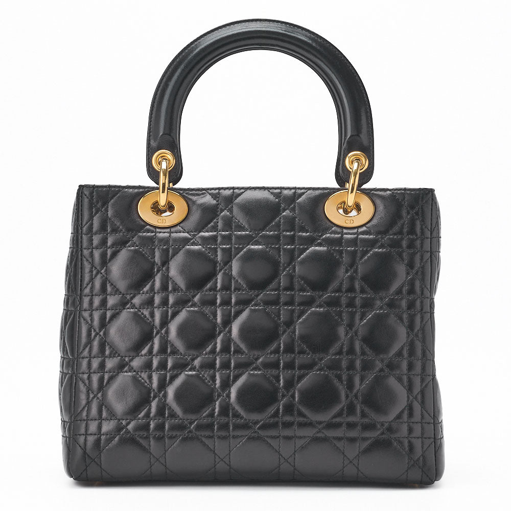 Dior Lady Dior Handbag Cannage Lambskin Black Gold-Tone Hardware Pre-Owned - Vintage La Charme